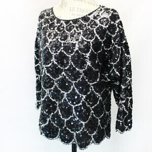 Vintage HD 80's Hand Embroidered Silk Disco Black & Silver sequins blouse top M